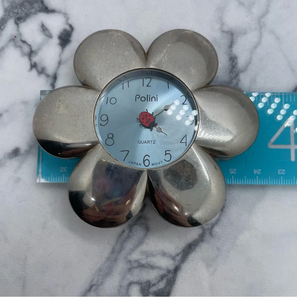 Polini Silver Tone Flower Power Ladybug Desk Clock Untested Needs Battery